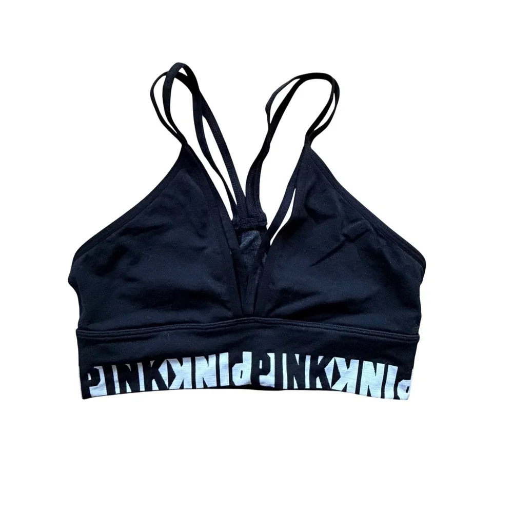 PINK Victoria's Secret Bralette Women Small Black Strappy Logo‎ Band Like New